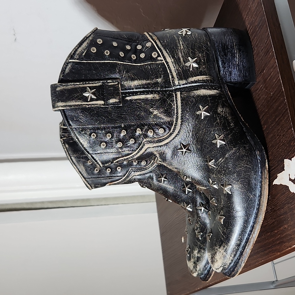 SENDRA Sara Raspado Black Star Studded Cowboy Boots  Distressed Side Zip 38 8 - Picture 6 of 15